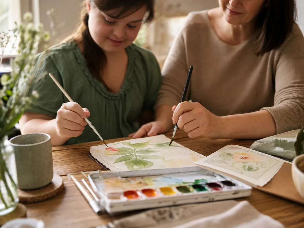 Eine junge Person und eine Betreuungsperson gestalten gemeinsam ein Aquarell an einem Holztisch in warmem Licht
